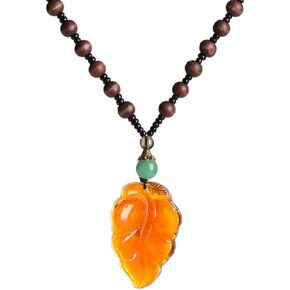 Long Wooden Beaded Necklace for Women Handmade Vintage Pendant Necklace (Leaf)
