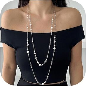 Long Pearl Necklaces for Women Elegant Lariat Gold Pearls Necklace Layered Pearl Long Chain Necklace for Daily Wear Special Occasions