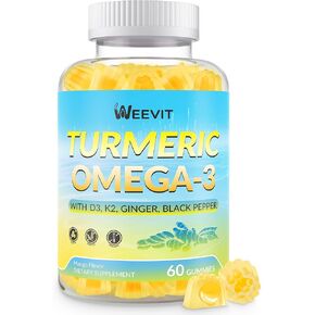 Sugar Free Turmeric Gummies with Omega 3, Turmeric Curcumin Supplement with Ginger, Black Pepper, Vitamin D3 & K2 for Adults