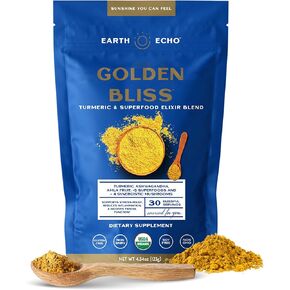 Earth Echo Golden Bliss ، Organic Superfood Elixir مزيج مع جذر Ashwagandha ، زيت MCT و 4 Mushroom Blend للنوم المريح ، الدعم المناعي ويقلل من الرغبة ، خالية من الألبان ، 30 حصة
