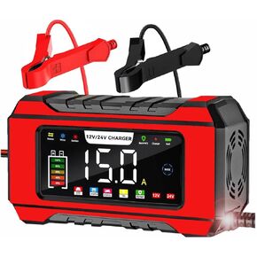 12V 24V Car Battery Charger, 0-15A Automatic Battery Maintainer, Smart Trickle Charger, Repair, Winter Mode, for Automotive Car Truck Motorcycle RV Lawn Mower Boat Lead Acid, AGM, LiFePO4 Batteries