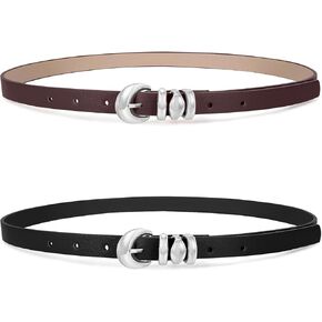 XZQTIVE 2 Pack 0.71'' Womens Skinny Leather Belts for Ladies Thin Waist Belt for Jeans Dress Pants with Fashion Gold Buckle