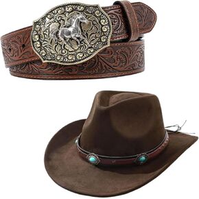 SANSTHS Cowboy Cowgirl Hats + Cowboy Belts for Men Women