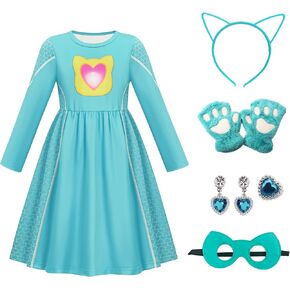 Girls Cute Kitties Long Sleeves Dress with Cat paw-shaped Gloves Dress Up Outfits for Parties