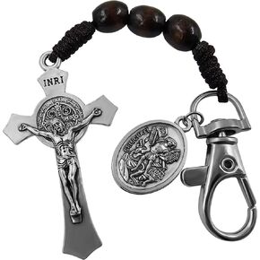 Talisman4u سلسلة مفاتيح المسبحة الكاثوليكية للسيارة سانت بنديكت صليب القديس مايكل الجارديان ملاك الميدالي