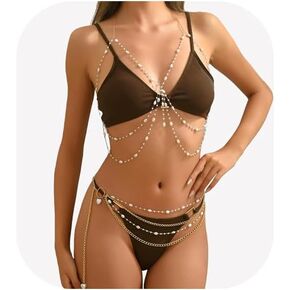 Pearl Bra and Waist Jewelry Sets,Wedding Bridal Pearl Chest Chain Summer Beach Festival Rave Multi-layered Waist Belt Beads Belly Chain for Women