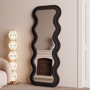 BOJOY Full Length Mirror 63"x24", Irregular Wavy Mirror, Arched Floor Mirror, Wall Mirror Standing Hanging or Leaning Against Wall for Bedroom, Flannel Wrapped Wooden Frame Mirror -White in Kuwait