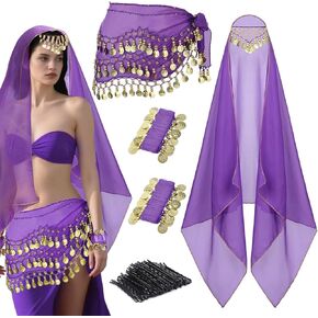 4 Pcs Belly Dance Hip Scarf Sets, Belly Dance Skirt & Head Scarf with Coins, 2 Coin Wrist Bracelet 50 Bobby Pins