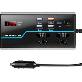 200W Car Power Inverter DC 12V to 110V DC Car Inverter with 4 USB Ports, 1 PD Port, LED Display, Cigarette Lighter Plug, and 2 DC Outlets, Quiet Operation, Black