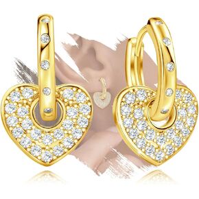 Gold Heart Earrings for Teen Girls Women - Sterling Silver Love Heart Shaped Hoop Earrings Hypoallergenic Colorful Cubic Zirconia Lightweight Loop Earring Gifts for Daughter Granddaughter Christmas