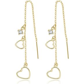 Reffeer Solid 925 Sterling Silver Love Heart Dangle Earrings Chain for Women Teens Heart Tassel Dangle Earrings Drops Threader