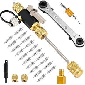 Vacuum-Rated Valve Core Remover Installer Tool with Refrigeration Repair Wrench Set Dual Size 3/8'' 1/4'' 5/16'' 3/16'' Port Service Ratchet Wrench with Hex Bit Adapter and Valve Core