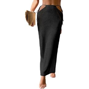 Womens Crochet Knit Slim Fit Beach Sarong Summer 2025 Waist Tie Hollow Out Bathing Suit Cover Up Maxi Skirt