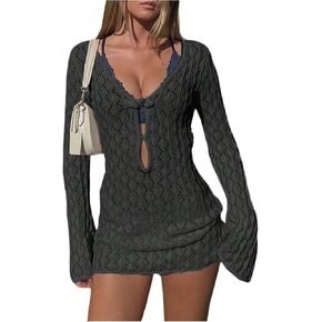MakeMeChic Women's Swimsuit Coverup Long Sleeve Crochet Beach Cover up Mini Dress