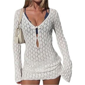 MakeMeChic Women's Swimsuit Coverup Long Sleeve Crochet Beach Cover up Mini Dress in Kuwait