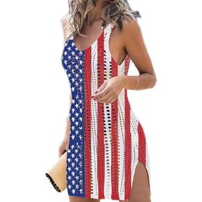 American Flag Dress Womens Hollow Out Slit Crochet Cover Up Sleeveless 4th of July Beach Swimwear Dresses