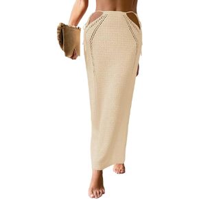 Womens Crochet Knit Slim Fit Beach Sarong Summer 2025 Waist Tie Hollow Out Bathing Suit Cover Up Maxi Skirt in Kuwait