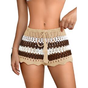 Kaei&Shi Beach Cover Up,Drawstring Colorful Crochet Shorts for Women,Cute Summer Bottoms Rave Festival