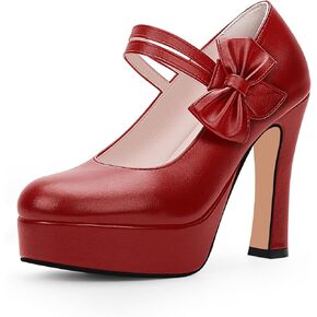 Women's Bow Plafrom High Heel Mary Janes Pumps Hook Loop Round Toe Dress Shoes