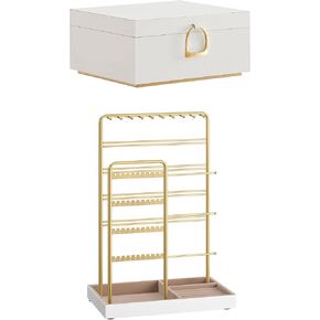 SONGMICS 2-Layer Jewelry Box Bundle with Jewelry Holder, Jewelry Organizer with Handle, Floating Effect, Jewelry Display Stand with Metal Frame, White and Pale Gold UJBC165W01 and UJJS028A01
