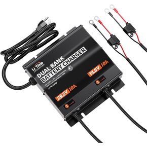 LiTime 2-Bank(29.2V 10A & 14.6V 10A) Lithium Battery Charger for 24V(25.6V)/12V(12.8V) LiFePO4 Battery, AC-DC Smart Charger with IP65 Waterproof, LED Indicator for Boat, Golf Cart, RV and Home