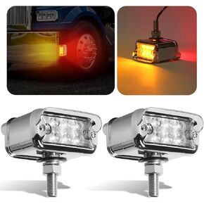 2PCS Amber/Red Dual Revolution 12 LED Turn Signal Marker Lights w/Visor, Semi Truck Double Face Chrome Auxiliary Bumper Pedestal Lights for Freightliner Peterbilt Kenworth Mack Western Star