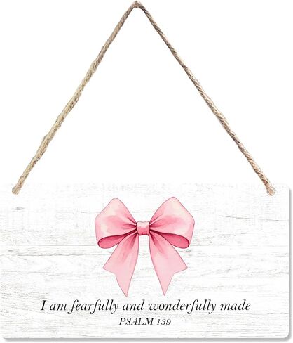 CGBHW Coquette Pink Bow Bible Verses Wooden Sign, Girly Religious Christian Scripture Hanging Sign Wall Decor for Prayer Room, Fearfully And Wonderfully Made Door Decor 12 x 6 Inch in Kuwait