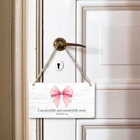 CGBHW Coquette Pink Bow Bible Verses Wooden Sign, Girly Religious Christian Scripture Hanging Sign Wall Decor for Prayer Room, Fearfully And Wonderfully Made Door Decor 12 x 6 Inch in Kuwait