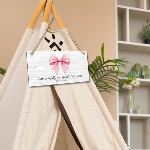 CGBHW Coquette Pink Bow Bible Verses Wooden Sign, Girly Religious Christian Scripture Hanging Sign Wall Decor for Prayer Room, Fearfully And Wonderfully Made Door Decor 12 x 6 Inch in Kuwait