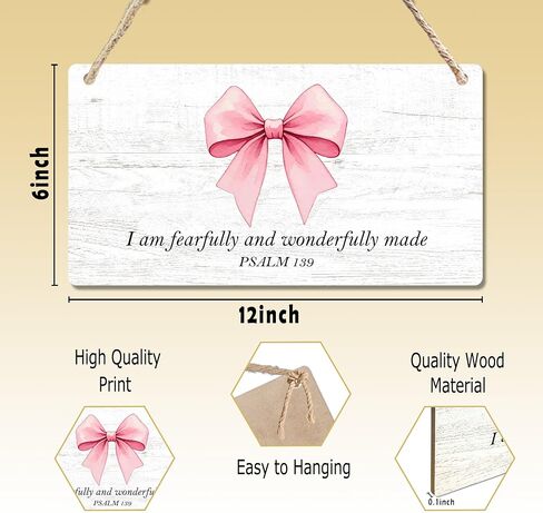 CGBHW Coquette Pink Bow Bible Verses Wooden Sign, Girly Religious Christian Scripture Hanging Sign Wall Decor for Prayer Room, Fearfully And Wonderfully Made Door Decor 12 x 6 Inch in Kuwait