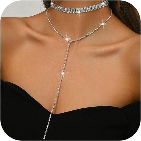 Rhinestone Lariat Necklace for Women Elegant Choker Y-Necklace Sparkling Crystals Long Adjustable Chain Jewelry Gift for Party Evening Wear in Kuwait