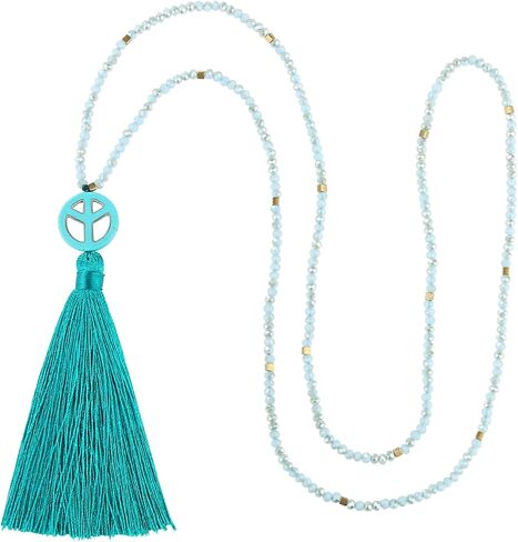 KELITCH Peace Sign Pendant Necklaces Long Tassel Crystal Necklaces Women Jewelry Summer in Saudi Arabia
