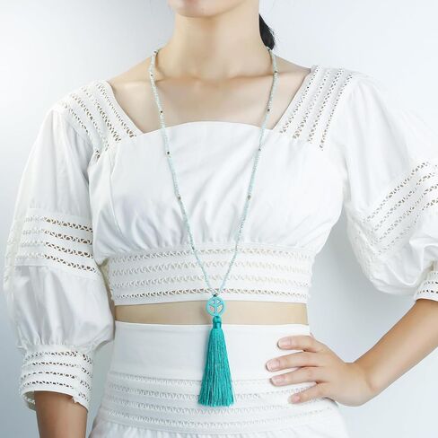 KELITCH Peace Sign Pendant Necklaces Long Tassel Crystal Necklaces Women Jewelry Summer in Saudi Arabia