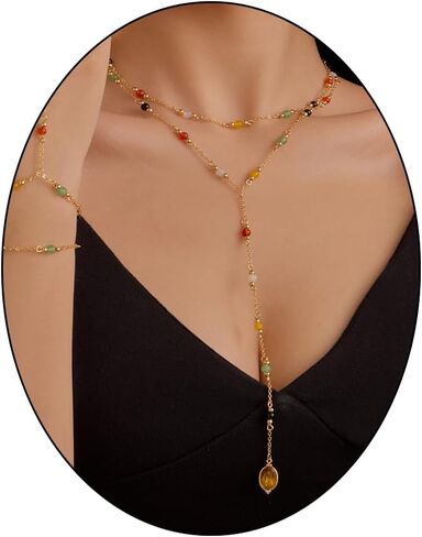 Multi-Colored Gemstone Y-Shaped Long Necklace, Gold Tone in Kuwait