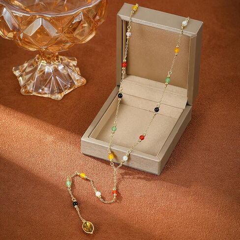 Multi-Colored Gemstone Y-Shaped Long Necklace, Gold Tone in Kuwait