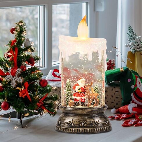 GenSwin Christmas Snow Globe Candle, Swirling Glittering Candle with Timer Music and Santa and Reindeer, Winter Snow Shaped Lantern, USB/Battery Operated Candles for Christmas Decoration in Saudi Arabia