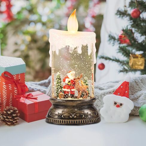 GenSwin Christmas Snow Globe Candle, Swirling Glittering Candle with Timer Music and Santa and Reindeer, Winter Snow Shaped Lantern, USB/Battery Operated Candles for Christmas Decoration in Saudi Arabia