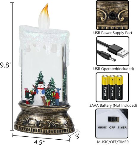 GenSwin Christmas Snow Globe Candle, Swirling Glittering Candle with Timer Music and Santa and Reindeer, Winter Snow Shaped Lantern, USB/Battery Operated Candles for Christmas Decoration in Saudi Arabia
