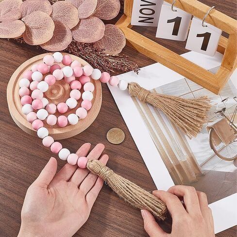 Creatcabin 42 بوصة حبة الخشب جارلاند ديكور ريفي ريفي المزرعة بوهو المنزل الوردي الأبيض الخرز الخشبي الخشبية الحجارة الحلي معلقة على طاولة القهوة الجدار رف صينية غرفة المعيشة in Kuwait