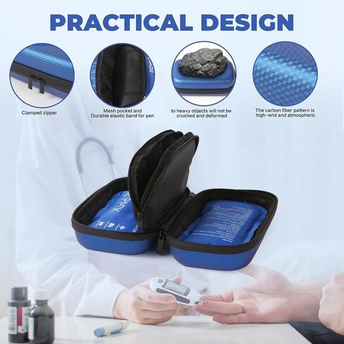 CASE CASE TSA المبرد الأنسولين TSA أدوية معتمدة من مرض السكري للسفر مع عرض درجة حرارة مقياس الحرارة مع حقيبة الطب المبردة مع حزمة ثلج (أزرق) in Kuwait