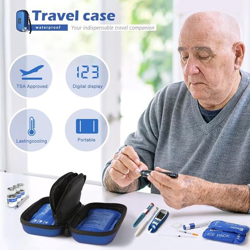 CASE CASE TSA المبرد الأنسولين TSA أدوية معتمدة من مرض السكري للسفر مع عرض درجة حرارة مقياس الحرارة مع حقيبة الطب المبردة مع حزمة ثلج (أزرق) in Kuwait
