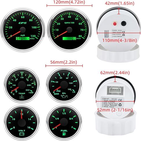 Artilaura 6 مقاييس القوارب Set-110mm GPS السرعة ، مقياس سرعة الدوران ، ضغط الزيت 52 ملم ، مستوى الوقود ، درجة حرارة الماء ، فولتميتر 7 أدوات مقاييس السيارات البحرية (أسود) in Saudi Arabia