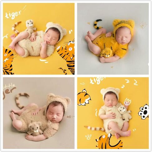 Coberllus Newborn Photography Props Boy Girl Tiger Hat and Footed Romper Baby Photo Props Newborn Photo Shoot Bodysuit Outfit in Saudi Arabia