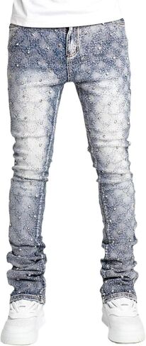 Men Rhinestone Skinny Ripped Jeans Y2k Stretch Slim Fit Stacked Jeans Grunge Denim Pants in Kuwait