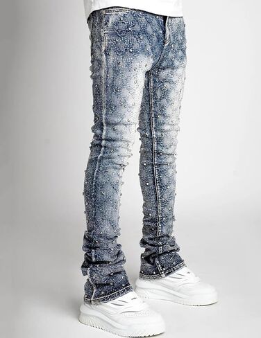 Men Rhinestone Skinny Ripped Jeans Y2k Stretch Slim Fit Stacked Jeans Grunge Denim Pants in Kuwait