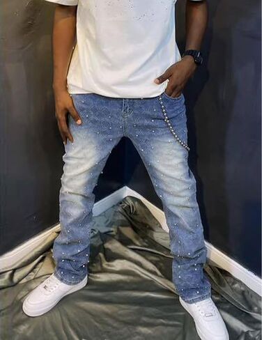 Men Rhinestone Skinny Ripped Jeans Y2k Stretch Slim Fit Stacked Jeans Grunge Denim Pants in Kuwait