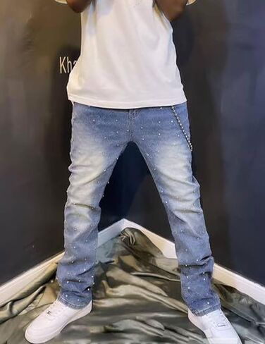 Men Rhinestone Skinny Ripped Jeans Y2k Stretch Slim Fit Stacked Jeans Grunge Denim Pants in Kuwait