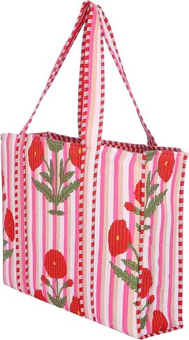 Klavate Women Handblock خفيفة الوزن حقيبة سفر حقيبة كتف القطن كيس لتسوق البقالة وحقيبة الشاطئ لها هدية لها in Kuwait