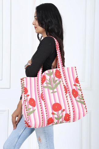 Klavate Women Handblock خفيفة الوزن حقيبة سفر حقيبة كتف القطن كيس لتسوق البقالة وحقيبة الشاطئ لها هدية لها in Kuwait