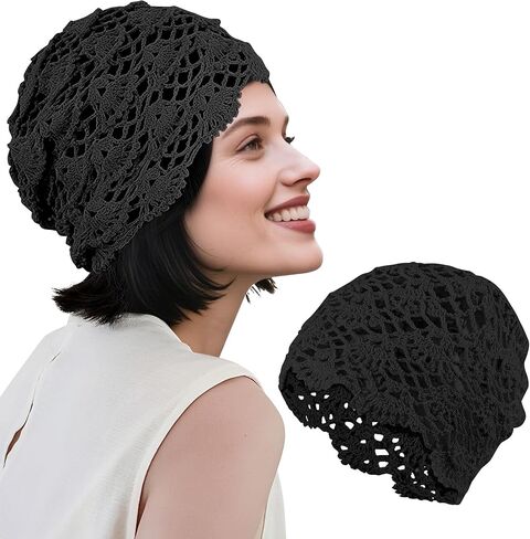 Babalet Women Cotton Crochet Beanie Hat Handmade Knit Floral Skull Cap Stretchy Slouchy Cutout Hats Summer Boho Fashion in Kuwait